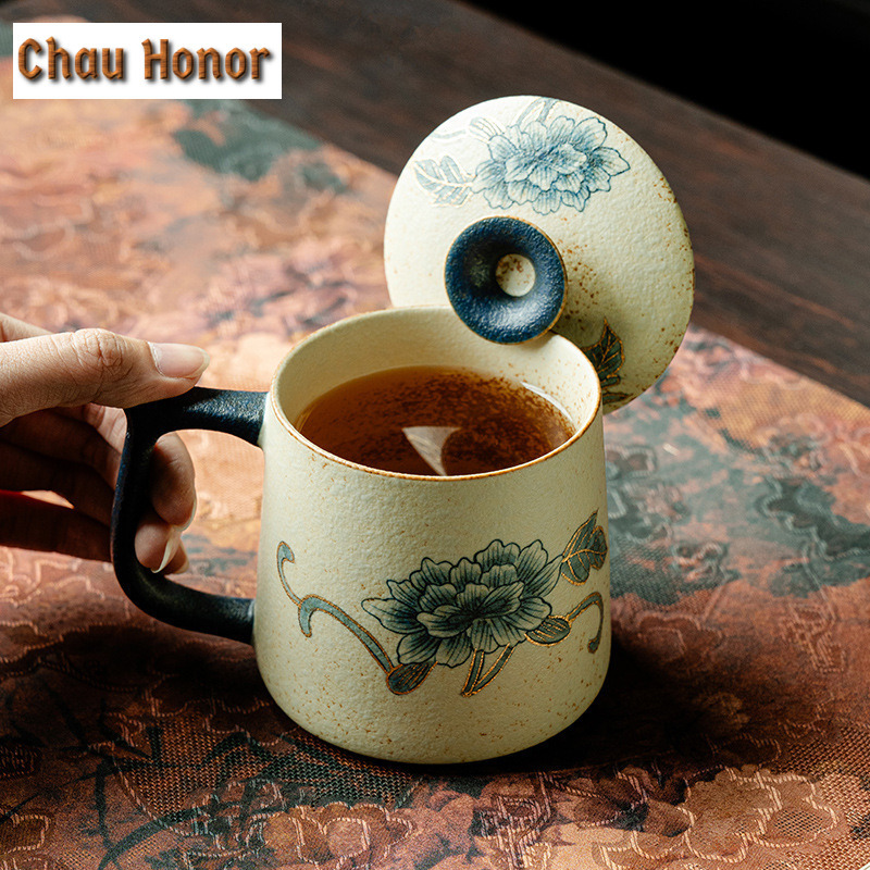 Coffee Tea Drawing - Tasse rouge en silex bleu et